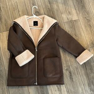 Mango oversized faux shearling jacket, brown, size small